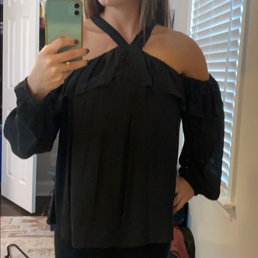 Off Shoulder, High Neck Black Blouse